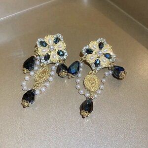Women Blue Stone Chandelier Earrings Faux Pearls Square Dripped Tassel Gold